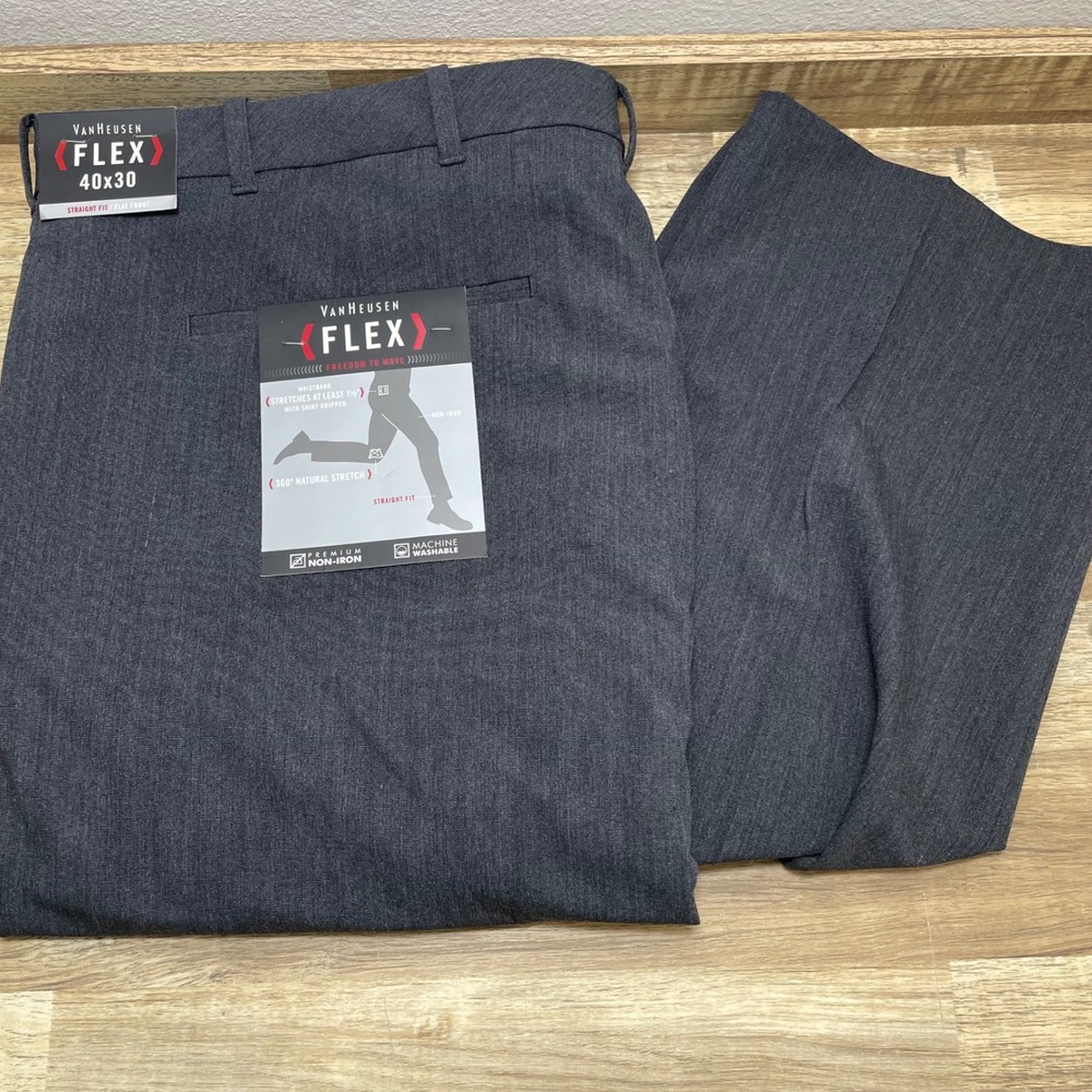 Van Heusen Flex Mens 40x30 Straight Fit Flat Front Dress Pants Charcoal Grey New